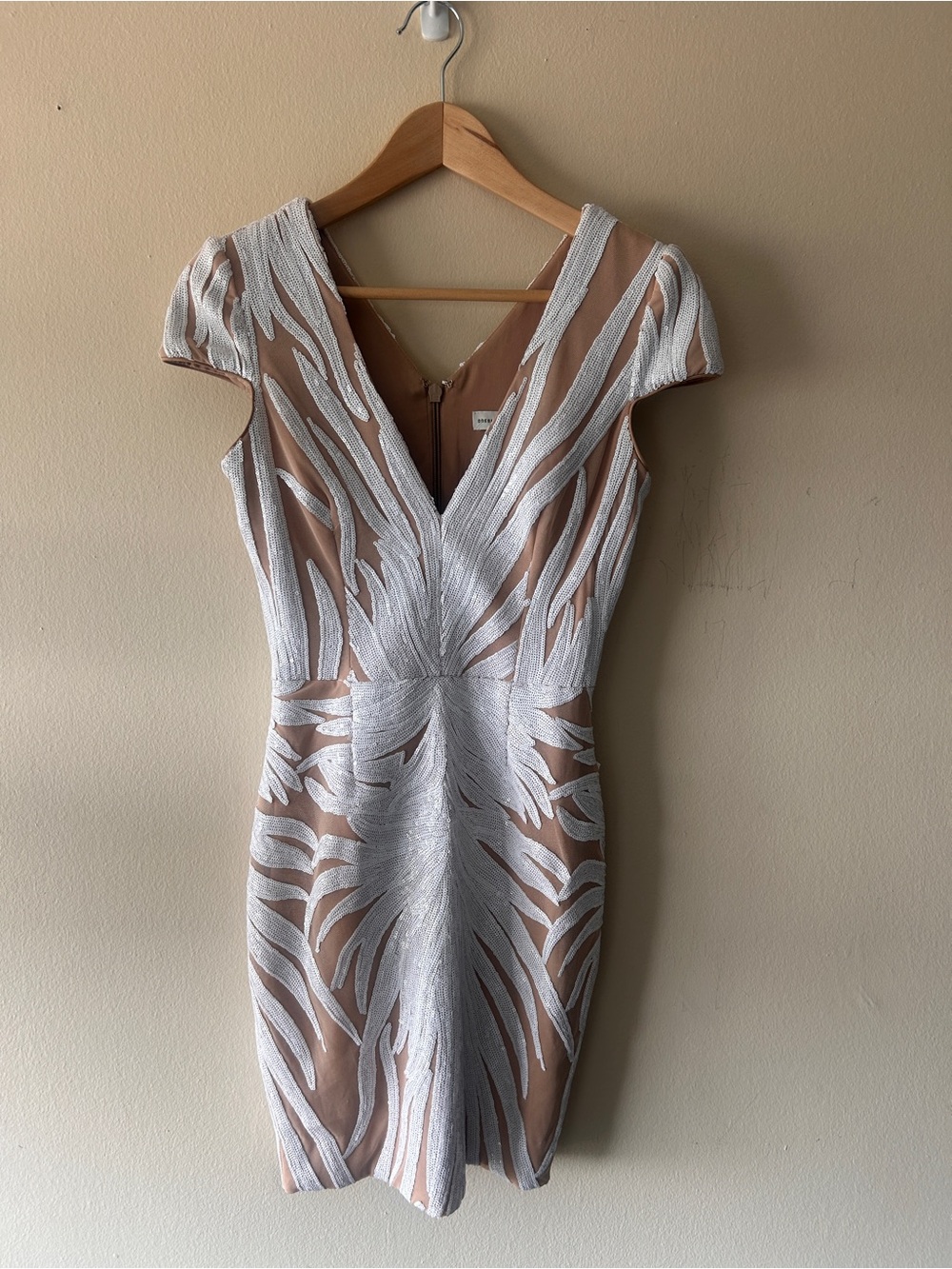 Dress the Population White Sequin Nude Illusion V‑Neck Mini Dress